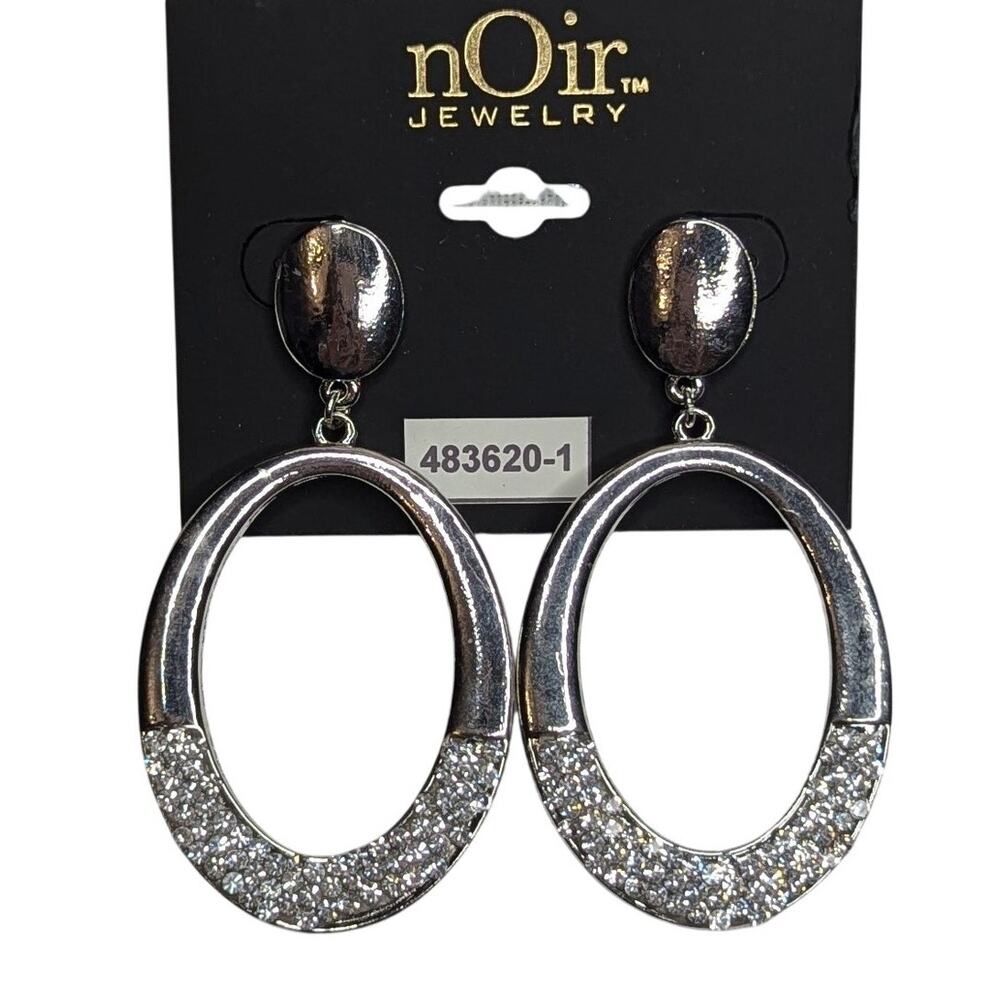 nOir Oval Mottled Silver Rhinestone Hoop Earrings - Picture 2 of 5